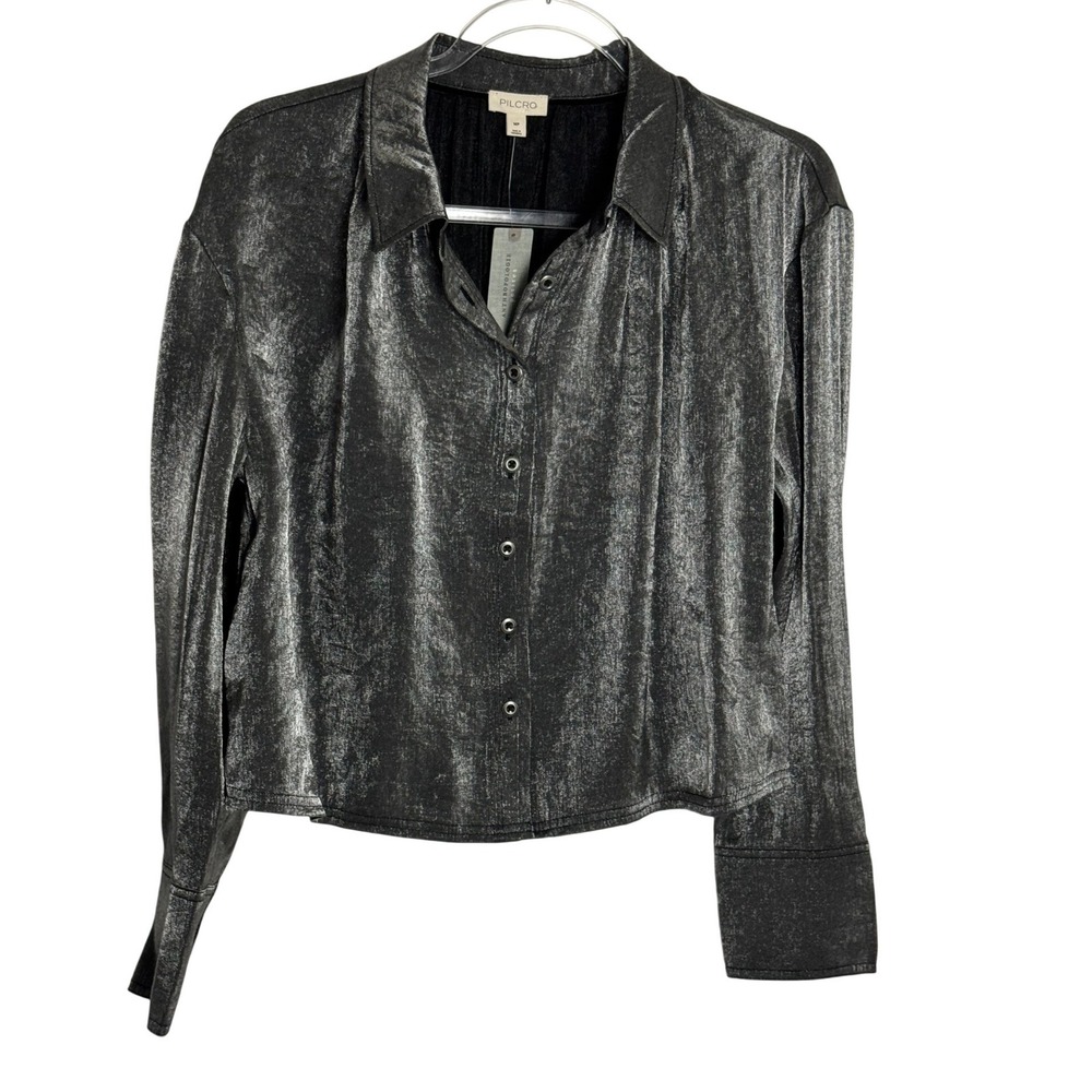 Pilcro Anthropologie Metallic Gray Blouse Button Down Shirt MP